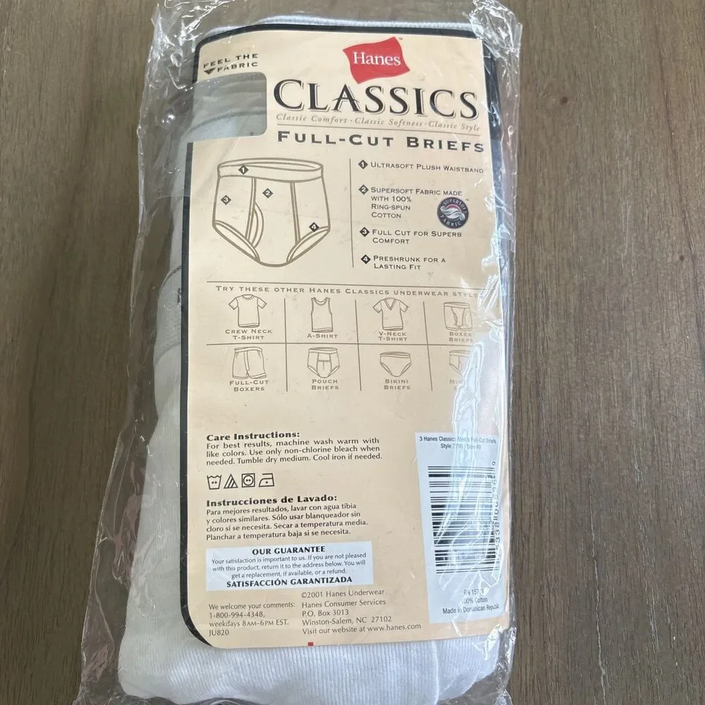 Vintage Hanes Classics Full-Cut Briefs 3 Pack Sz 40 White Cotton 2001 Cotton NEW